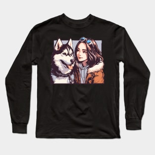 Anime girl with her husky friend portrait Long Sleeve T-Shirt